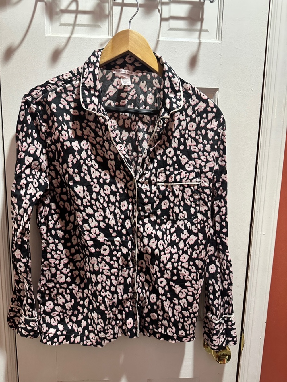 Victoria's Secret Black and Pink Leopard Cotton Button-Up Top Nightwear